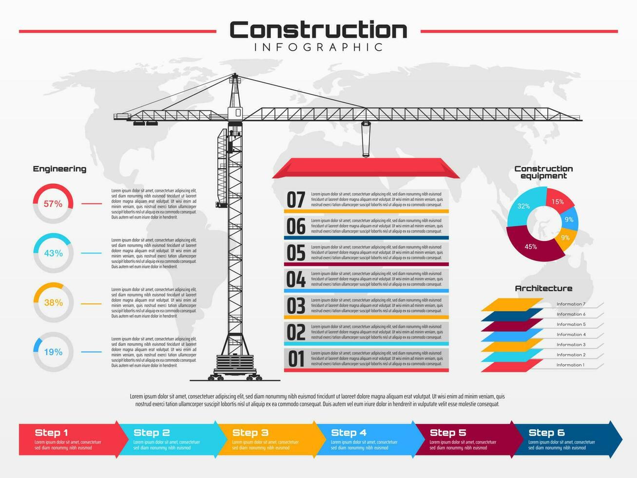 Infografiken mit Konstruktion Kran Gebäude vektor