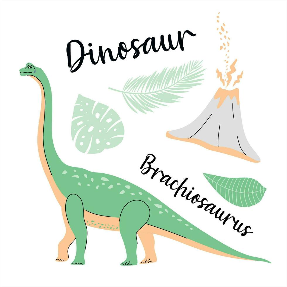 süß Dinosaurier gezeichnet wie Vektor auf Weiß zum Kinder Mode. Palme und Vulkan. Brachiosaurus.