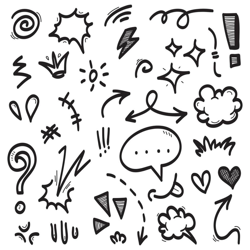 Vektorset von handgezeichneten Cartoony-Ausdruckszeichen-Doodle, Kurvenrichtungspfeilen, Emoticon-Effekt-Designelementen, Cartoon-Charakter-Emotionssymbolen, niedlichen dekorativen Pinselstrichlinien. vektor