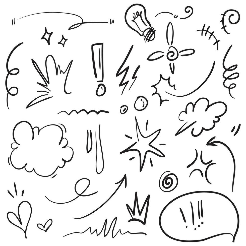 Vektorset von handgezeichneten Cartoony-Ausdruckszeichen-Doodle, Kurvenrichtungspfeilen, Emoticon-Effekt-Designelementen, Cartoon-Charakter-Emotionssymbolen, niedlichen dekorativen Pinselstrichlinien. vektor