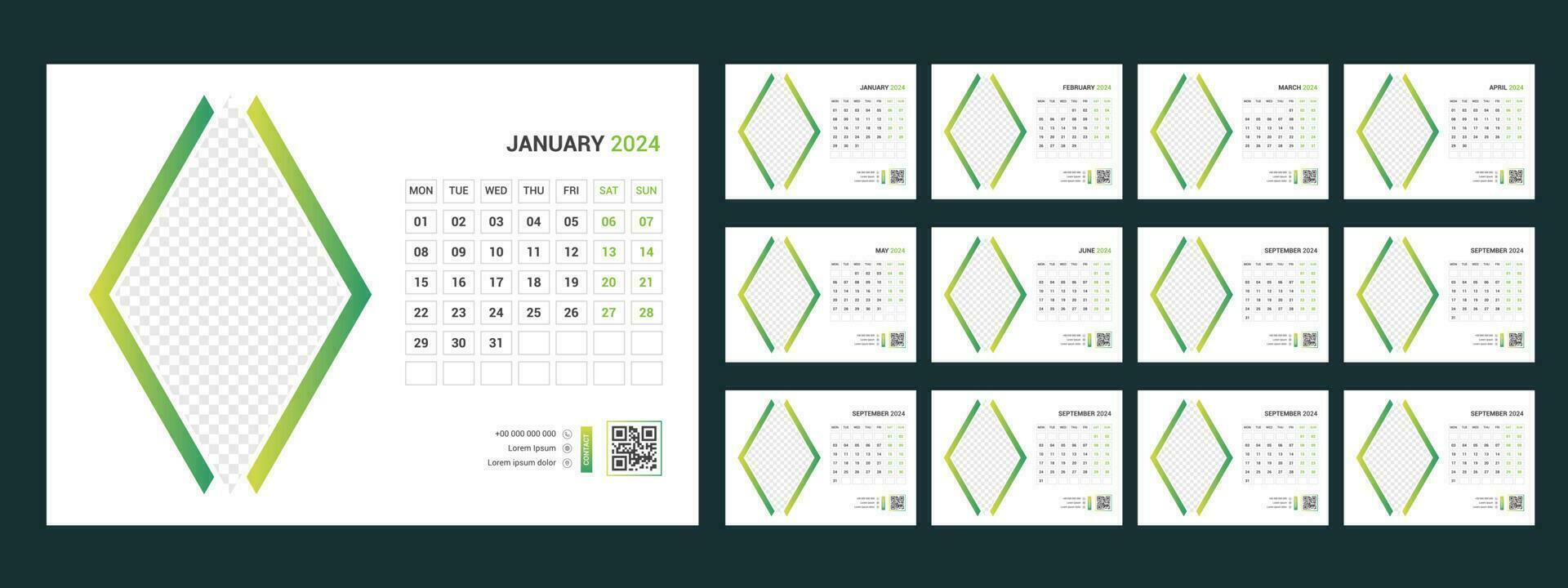 Kalender 2024 Planer korporativ Vorlage Design Satz. Woche beginnt auf montag.vorlage zum jährlich Kalender 2024 vektor