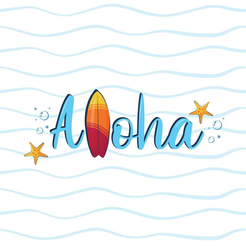 hawaiian vektor illustration med surfinspirerad aloha text på bakgrund med vågor och sjöstjärna