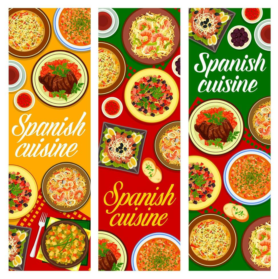 spanska kök mat banderoller, skaldjur, kött maträtter vektor