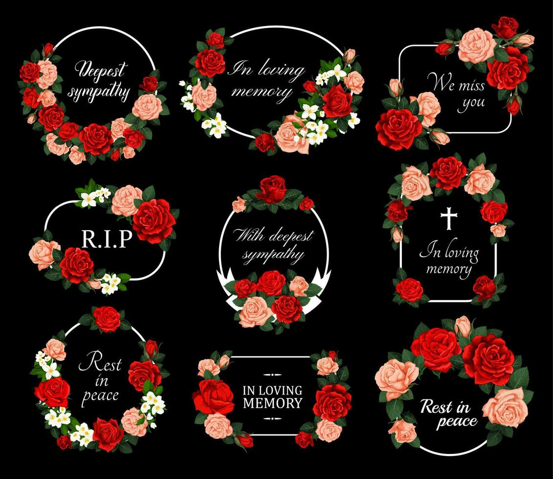 Beerdigung Vektor Karten mit Rose Blume Kränze einstellen