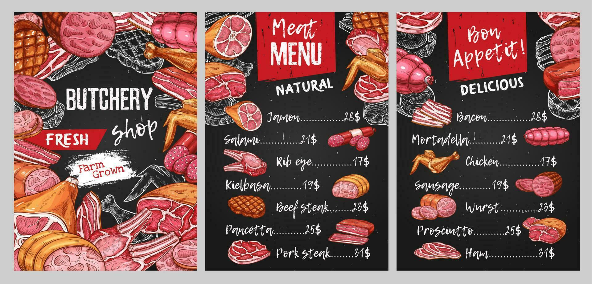 Metzger Geschäft Fleisch Speisekarte Startseite Vektor Vorlage