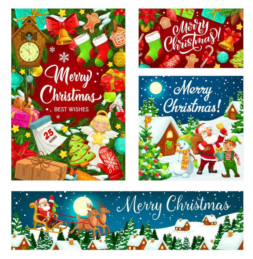 Weihnachten Schneemann, Weihnachtsmann, Elf, Weihnachten Baum und Geschenke vektor