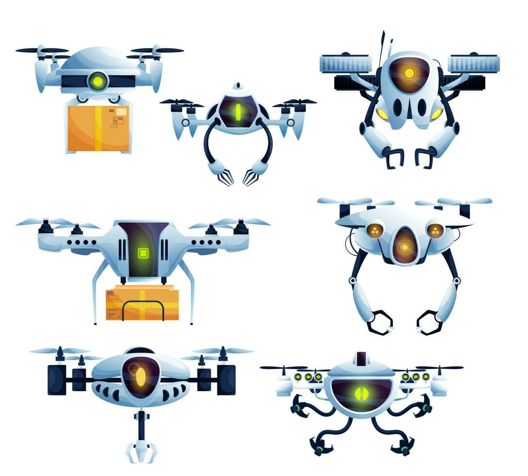 flygande robot, droid Drönare och copter tecken vektor