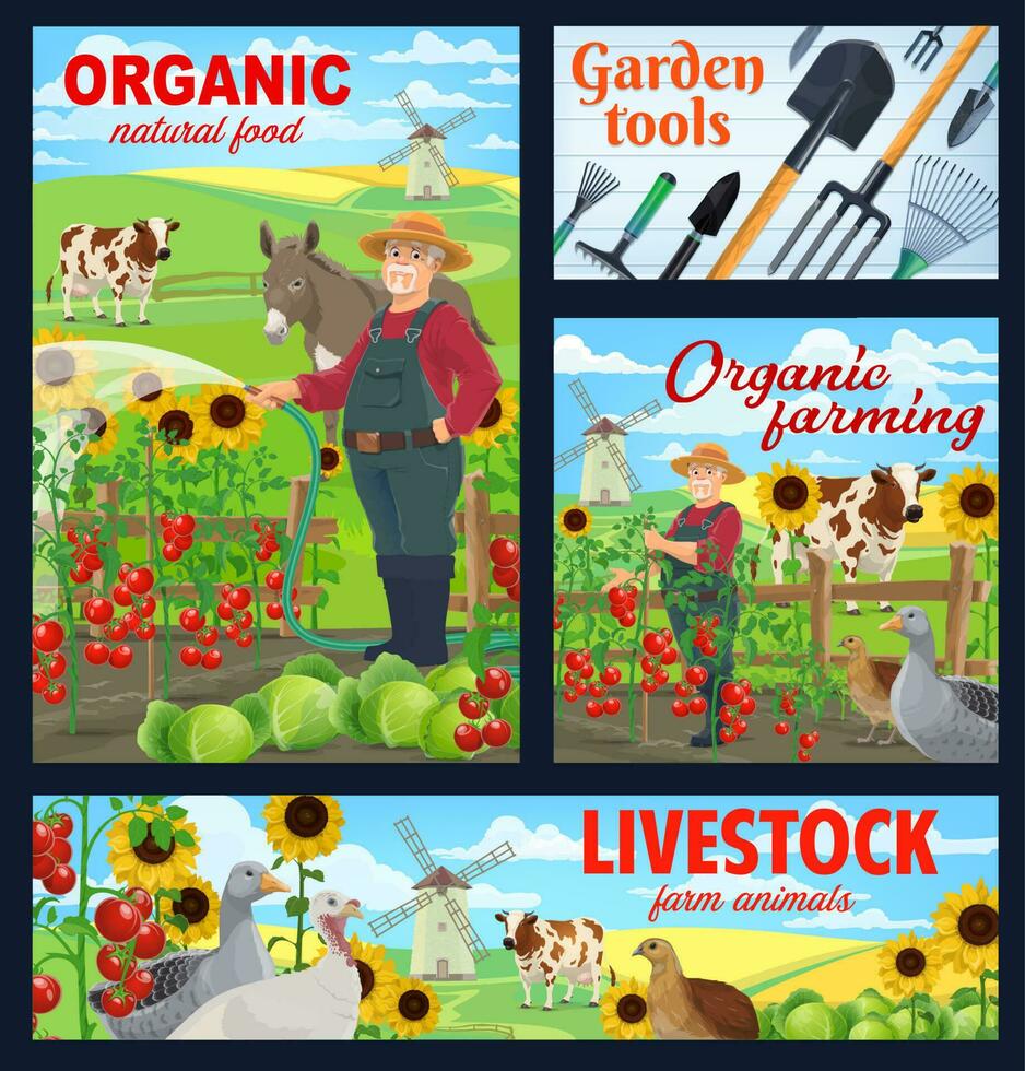 Bauernhof Tiere, organisch Essen Vektor Plakate
