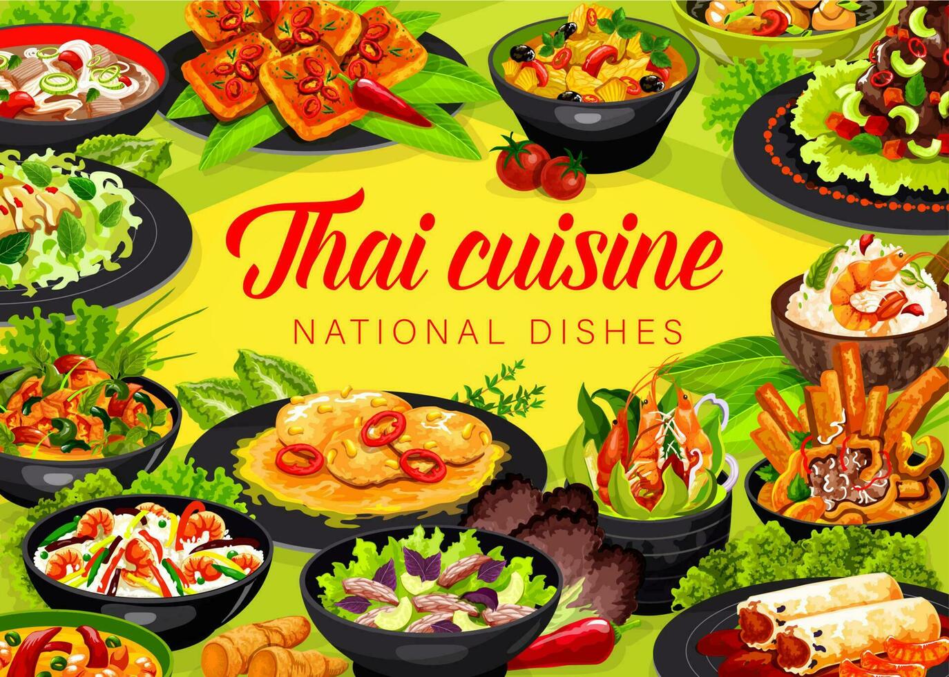thailändisch Küche asiatisch Essen, Thailand Geschirr Poster vektor