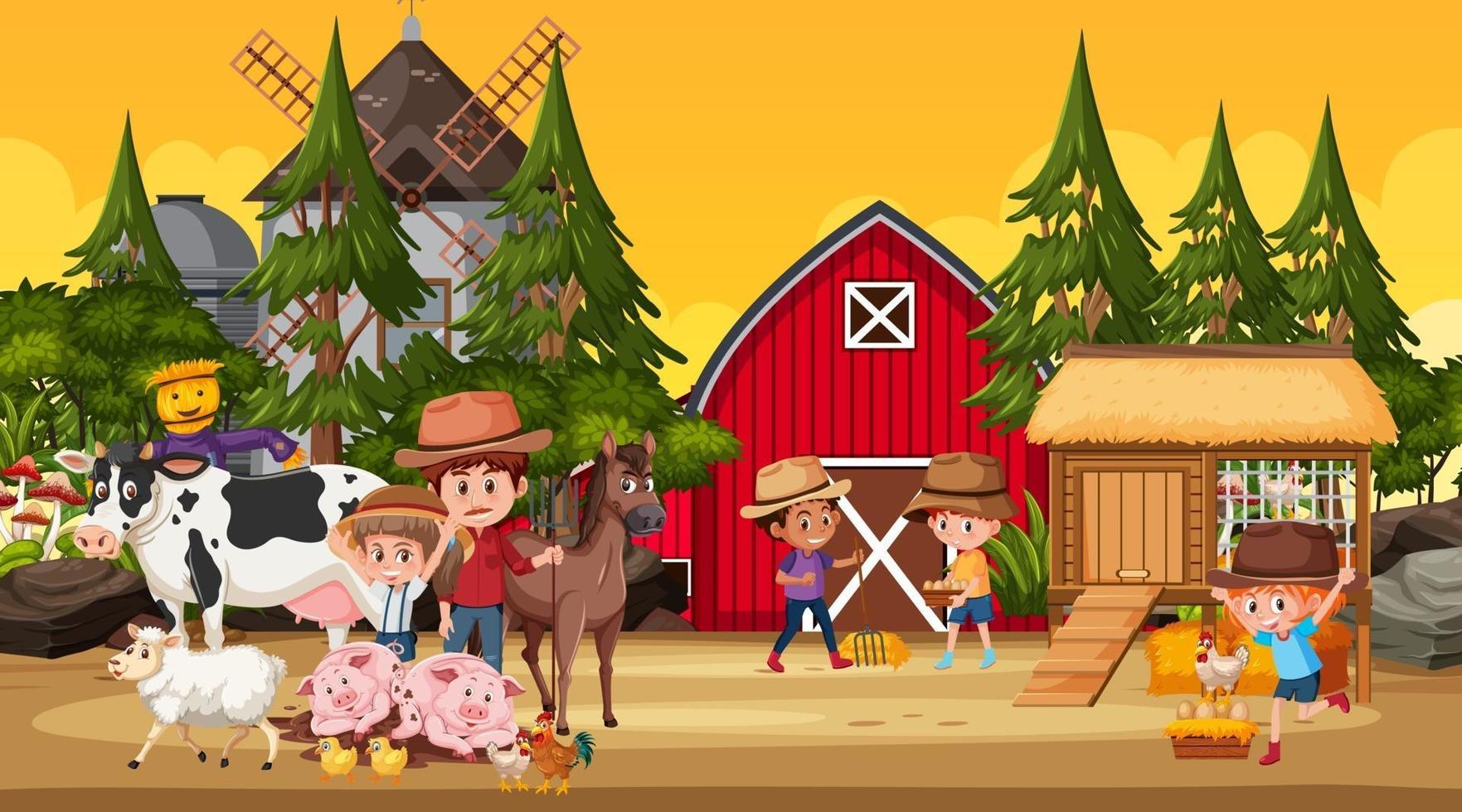 Bauernhofszene mit vielen Kinderzeichentrickfiguren und Nutztieren vektor