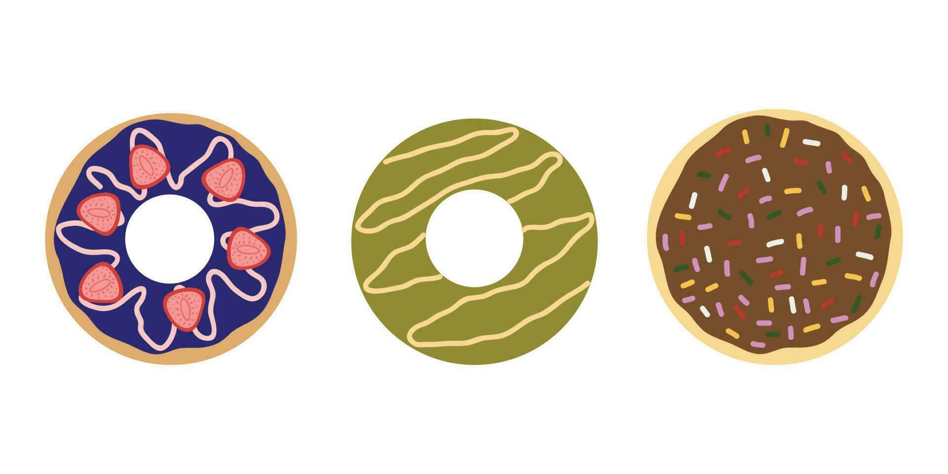 Krapfen Vektor Illustration. Süss Zucker Glasur Donuts. oben Aussicht von Donuts. Süßwaren Nachtisch. Schokolade Süßwaren isoliert auf Weiß Hintergrund. eben Design.