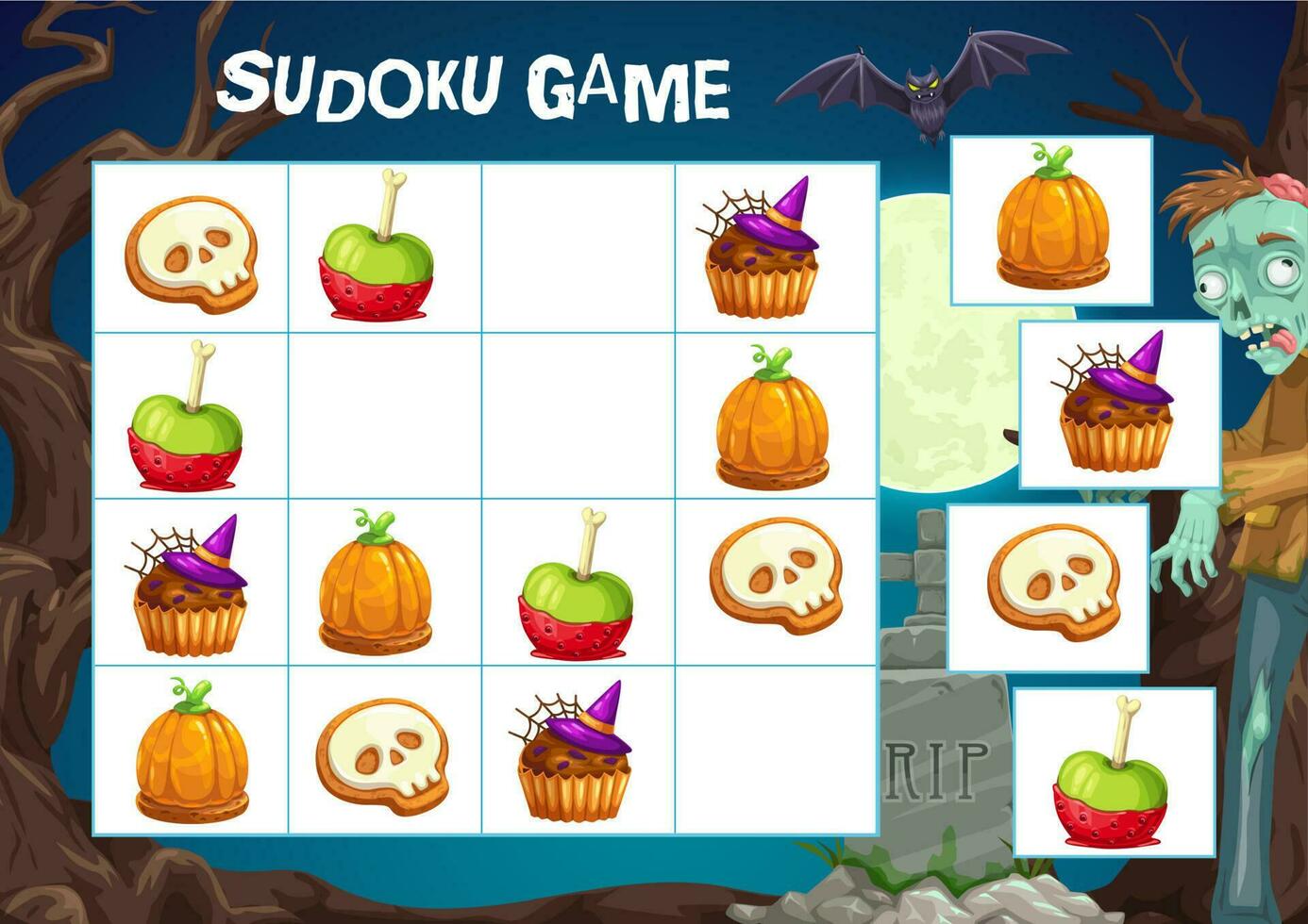barn sudoku pussel spel med halloween behandlar vektor