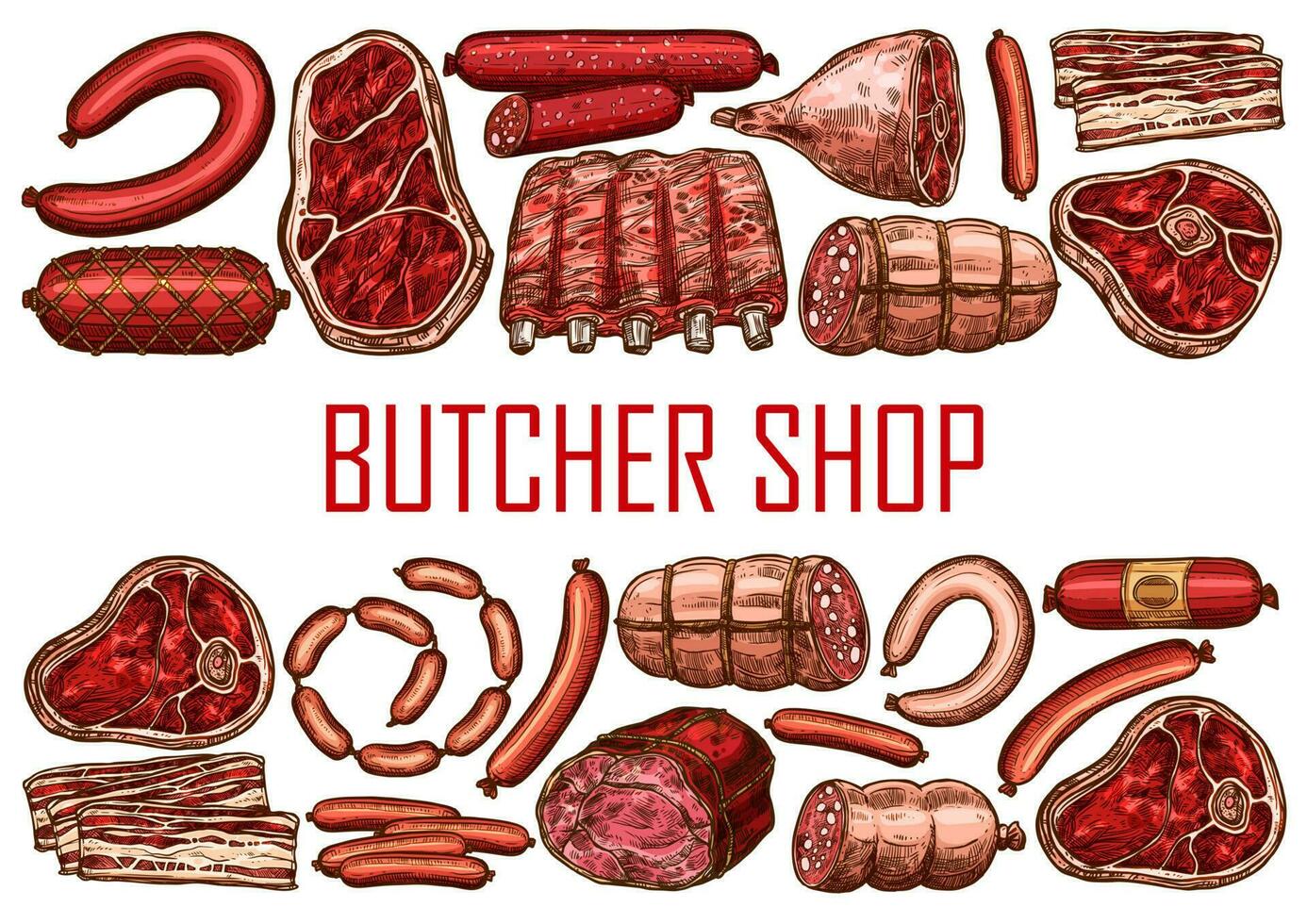Metzgerei Geschäft skizzieren Poster mit Schweinefleisch, Rindfleisch Fleisch vektor