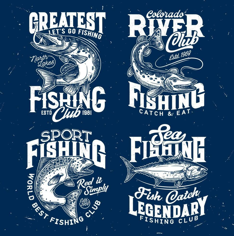 fiske sport t-shirt grafik av lax, gädda, tonfisk vektor