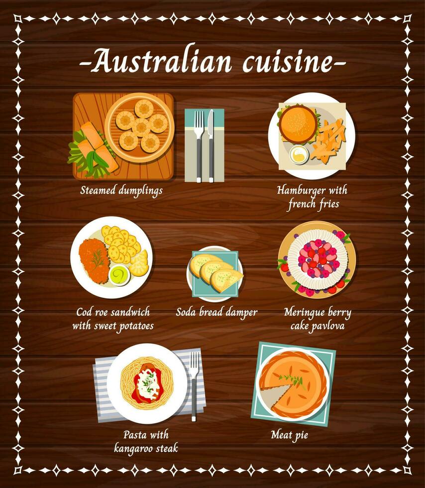 australisch Küche Essen Speisekarte Teller, Restaurant vektor