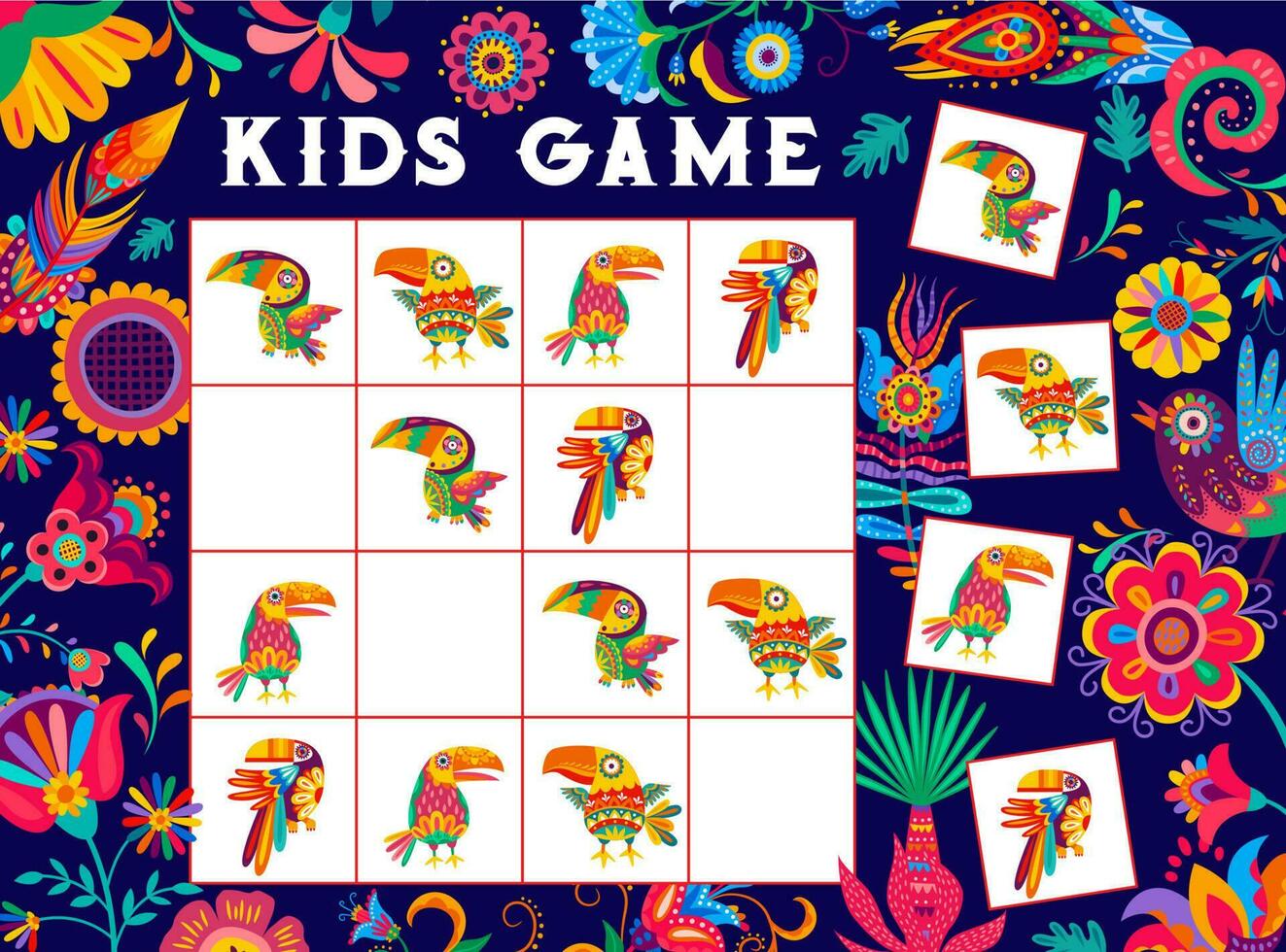 Kinder Sudoku Spiel Arbeitsblatt, Mexikaner Tukan Vögel vektor