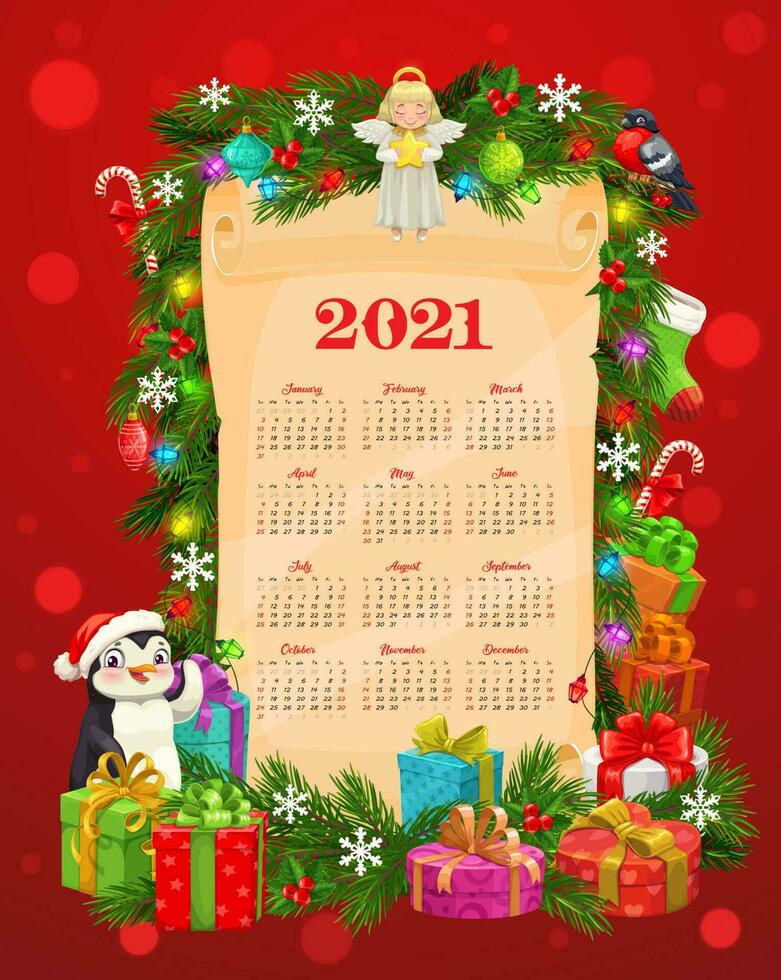 ny år kalender mall med jul gåvor vektor