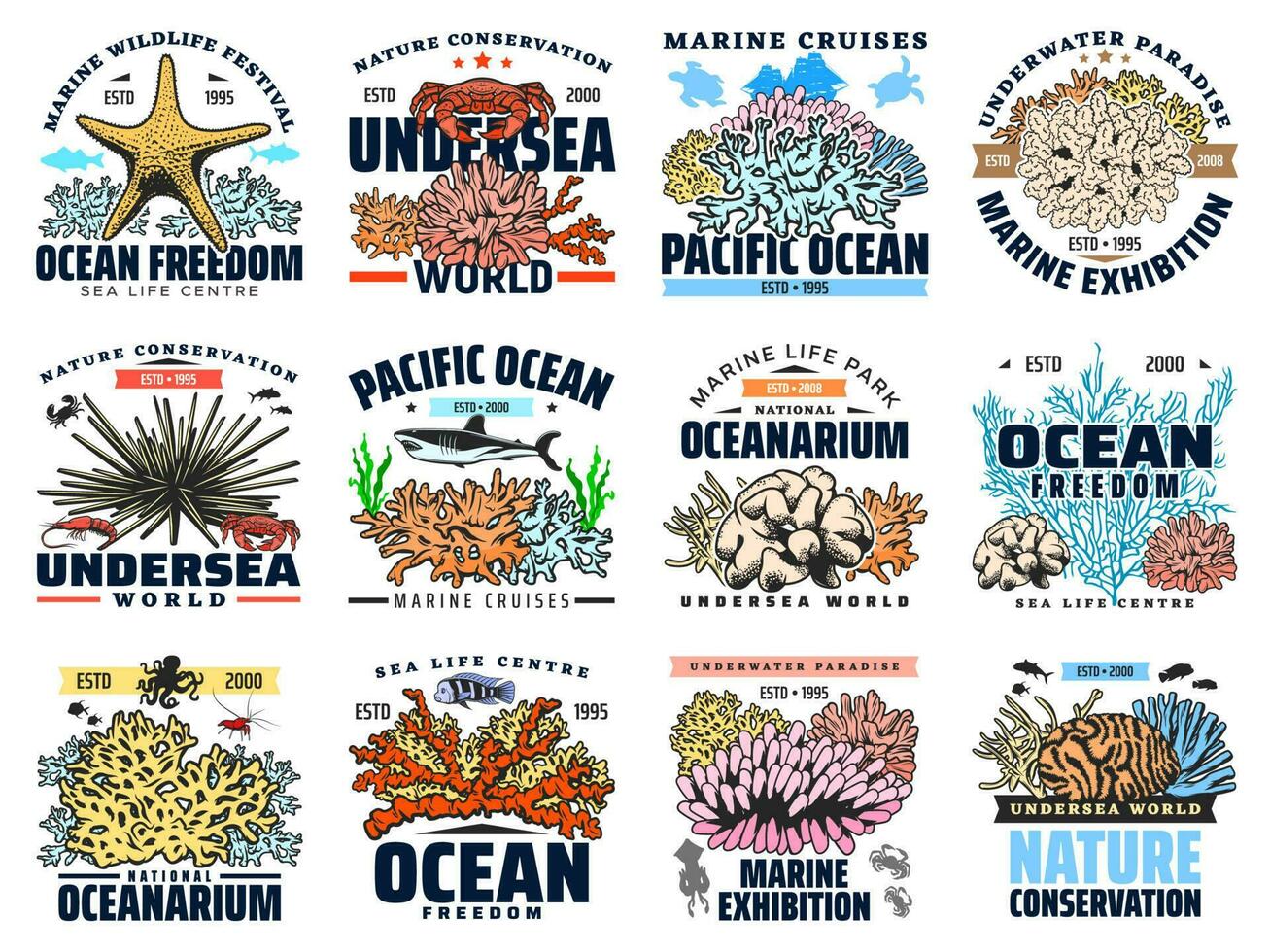 korall, skaldjur, hav fisk och djur- isolerat ikoner vektor