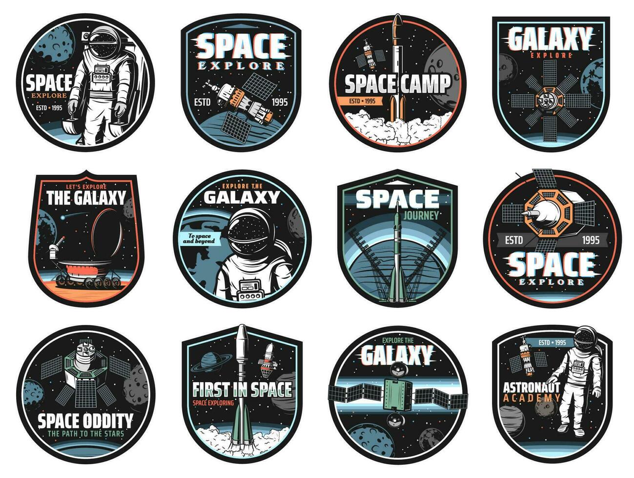 Galaxis, Raum, Astronaut und Rakete Vektor Symbole
