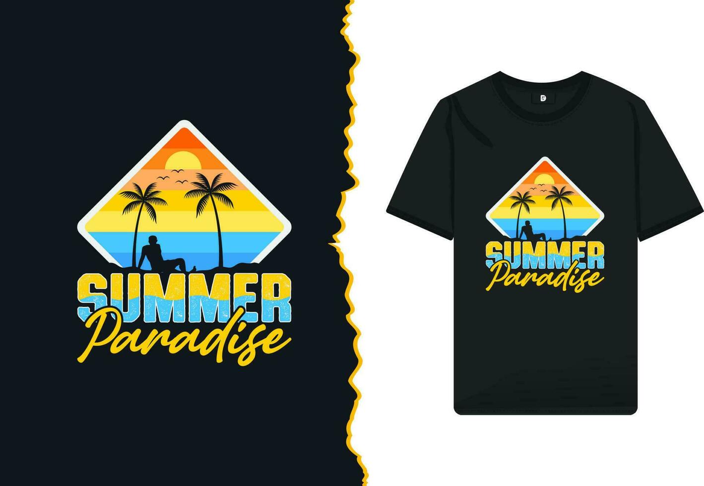 sommar paradis årgång retro färgstil t-shirt design mall. de begrepp för strand älskare. vektor illustration med en handflatan träd, strand man, och sommar tema.