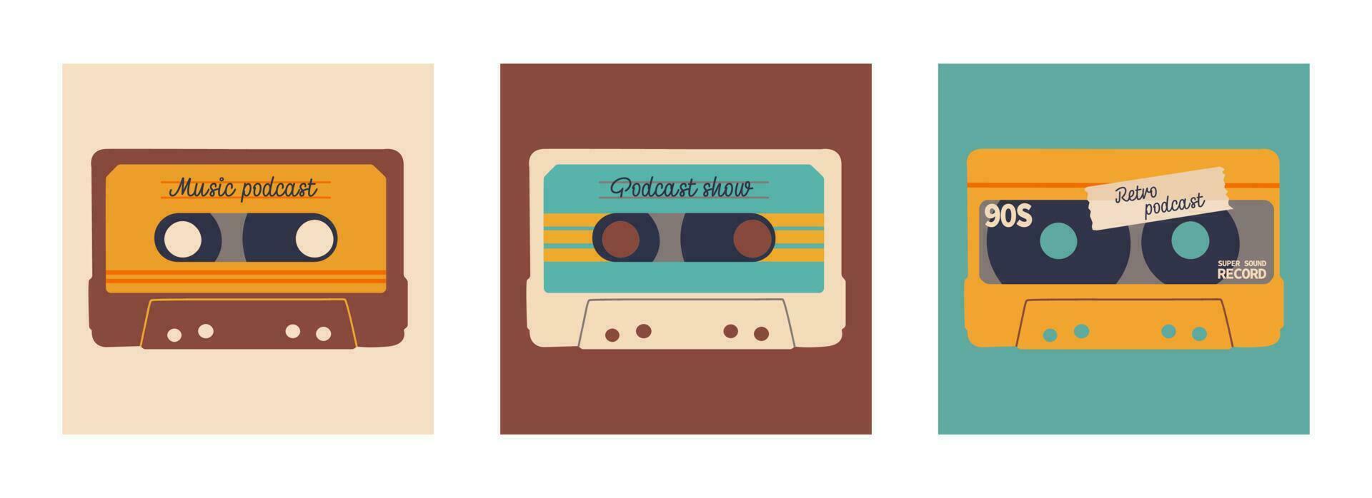 einstellen von Abdeckungen zum Podcast zeigen. retro Stil und Farben. Audio- Kassette mit Platz zum Text. Vektor eps 10.