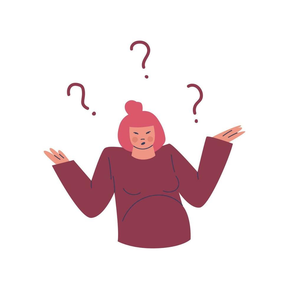 ein schwanger Frau wirft oben ihr Hände, fliegend Frage Markierungen über ihr. Probleme und Fragen verbunden zu das Erwartung von ein Kind. Vektor Karikatur Illustration von lila, Gelb, Rosa Farben.