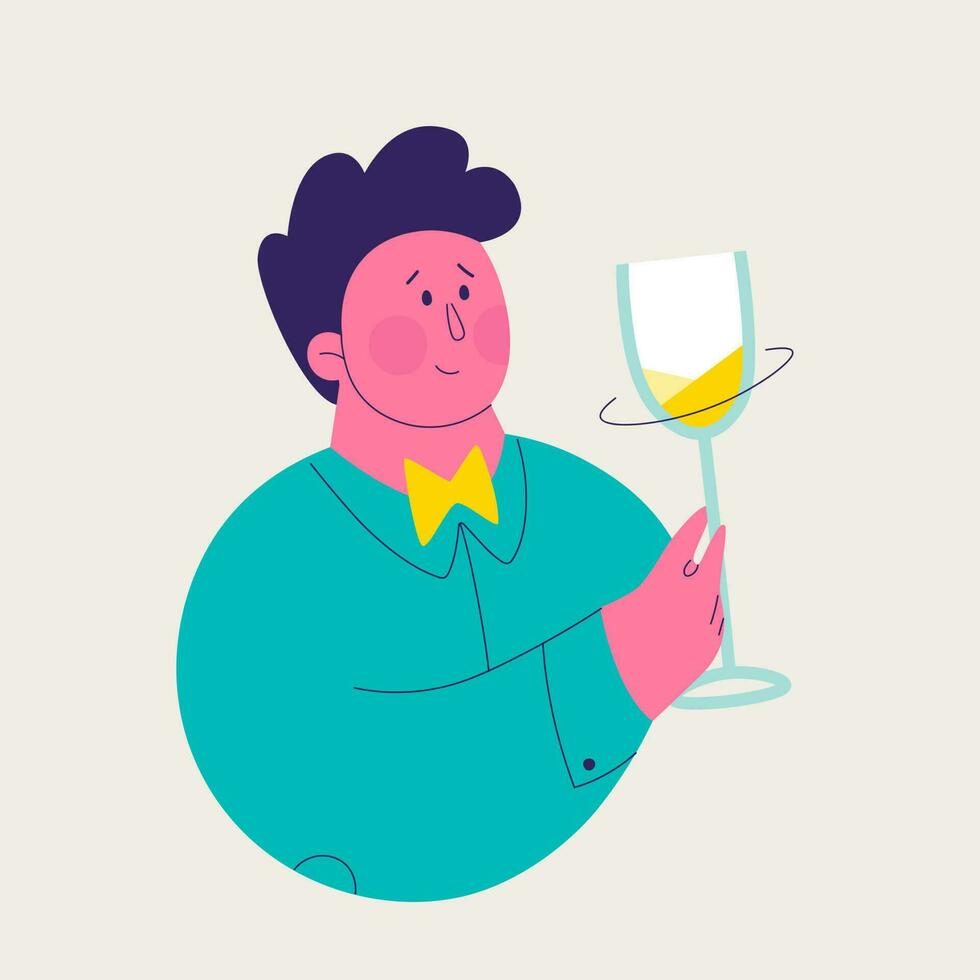 enda illustration från en uppsättning av vit vin provsmakning. söt man är virvlande vit vin glas. vektor trendig isolerat illustrationer för design.