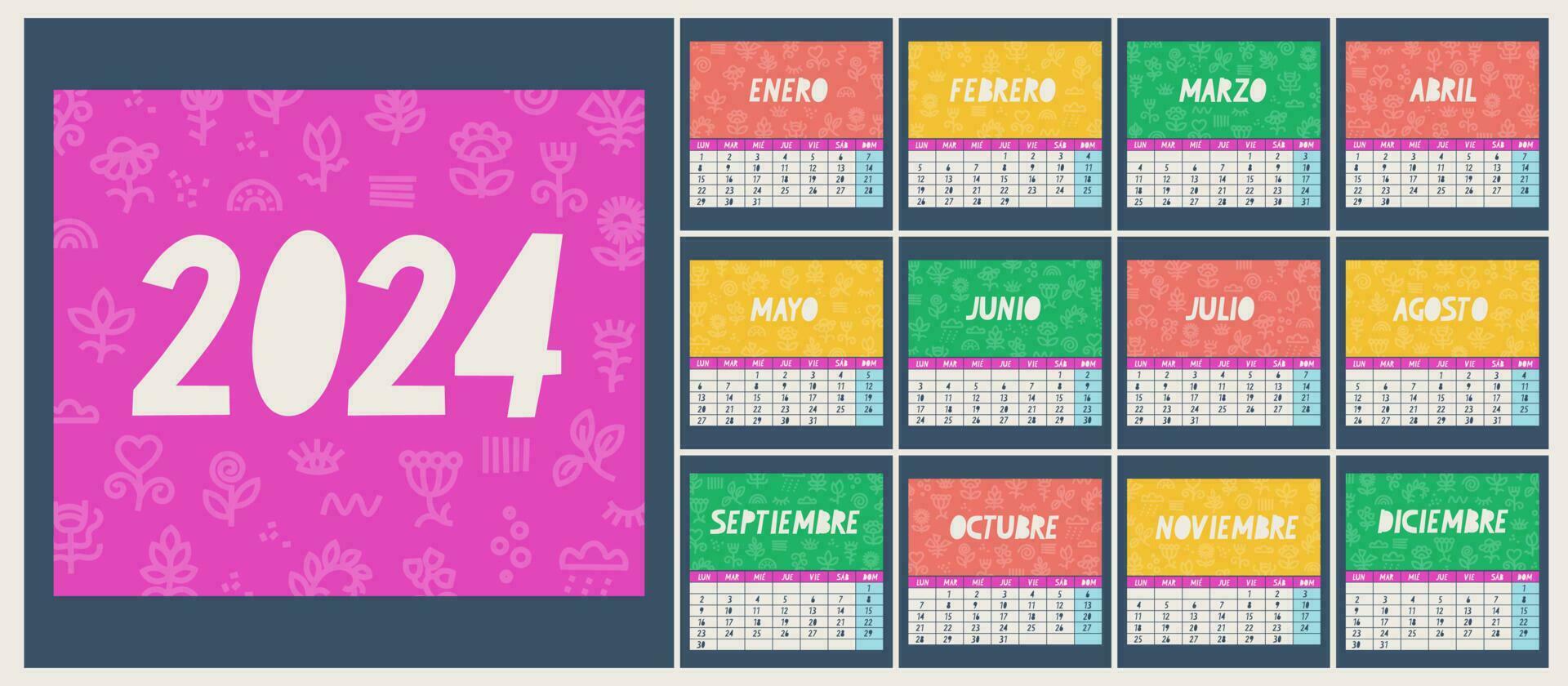 kalender för 2024 i spanska. de vecka börjar på måndag. omslag av varje månad med blommig platt bakgrund. vektor