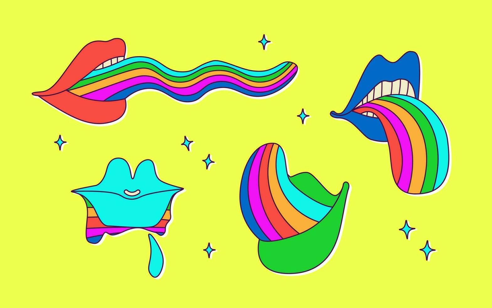 psychedelic mun med regnbåge tunga. klassisk tecknad serie vektor flerfärgad neon illustration. hippie årgång design.
