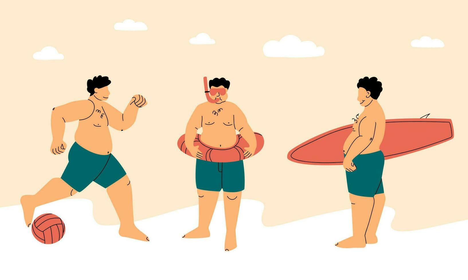 strand sporter. Lycklig knubbig eller fett man i en baddräkt. aktiva kropp positiv begrepp. surfing, snorkling, strand fotboll eller volleyboll. rolig vektor trend illustration.