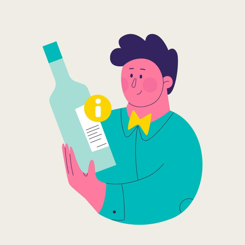 enda illustration från en uppsättning av vin provsmakning. söt man är utforska de information på en vin flaska märka. vektor trendig isolerat illustration för design.