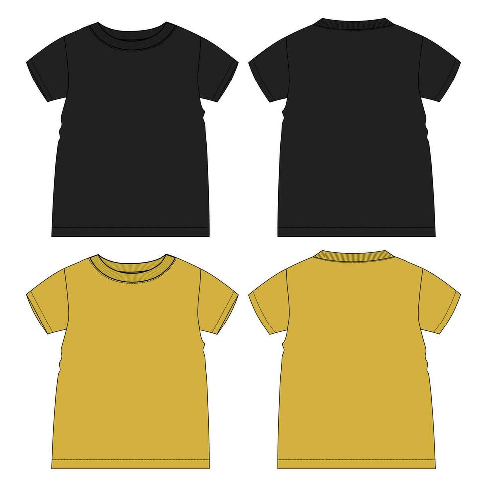 kurz Ärmel Basic T-Shirt technisch Mode eben skizzieren Vektor Illustration schwarz und Gelb Farbe Vorlage Vorderseite und zurück Ansichten. Basic bekleidung Design spotten oben zum Kinder und Jungen.