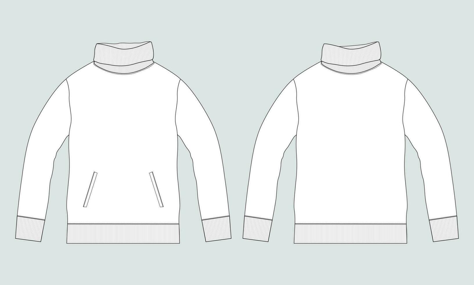 lange Ärmel Sweatshirt mit Stand oben Halsband technisch Zeichnung Mode eben skizzieren Vektor Illustration Vorlage Vorderseite und zurück Ansichten