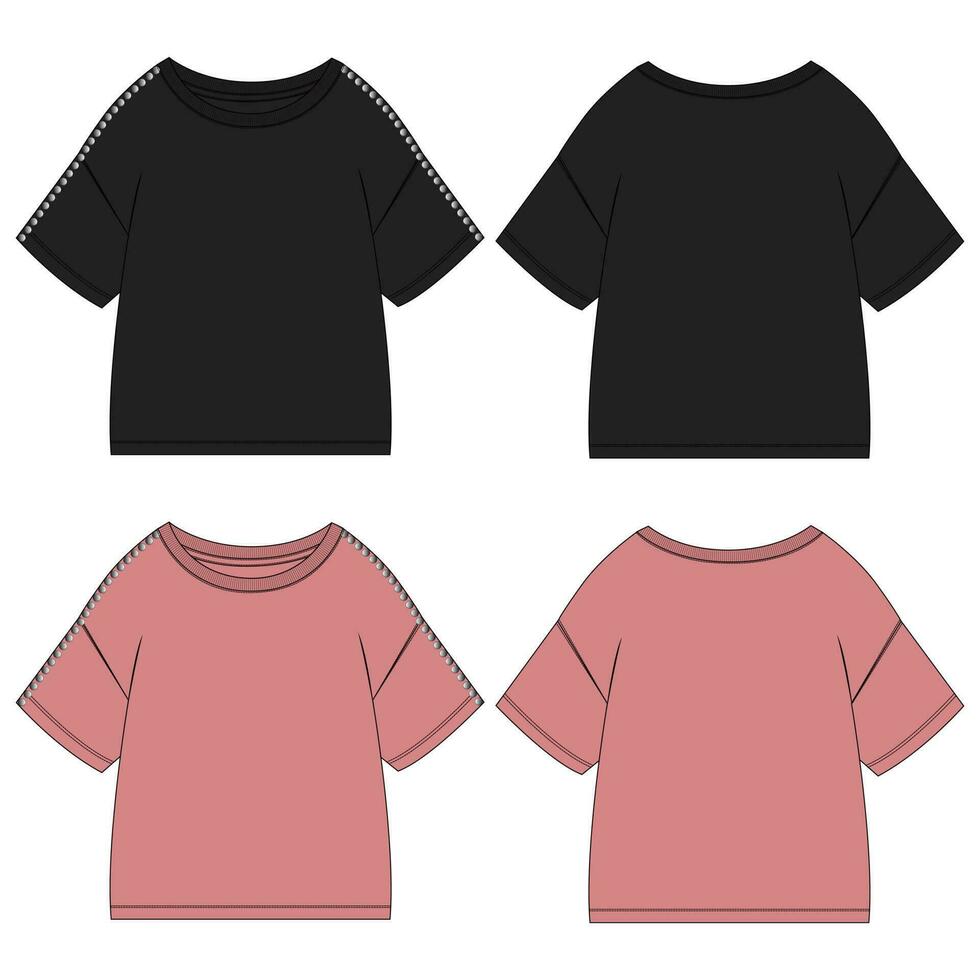 kort ärm med släppa axel damer t skjorta teknisk mode platt skiss vektor illustration svart och lila Färg mall främre och tillbaka vyer.