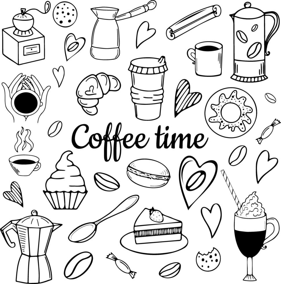 doodle stil vektor illustration kaffe och desserter kakor kaffebryggare