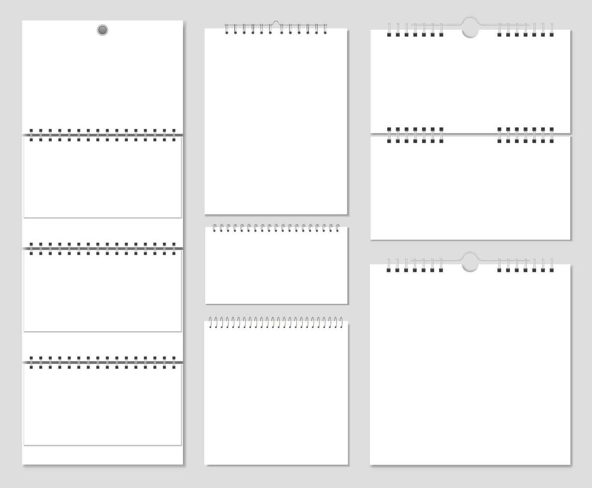 Mauer Kalender Attrappe, Lehrmodell, Simulation, leer Kalender Vorlagen mit Frühling Bindung. realistisch Notizbuch, leeren Papier Blätter auf Spiral- Bindemittel Vektor einstellen