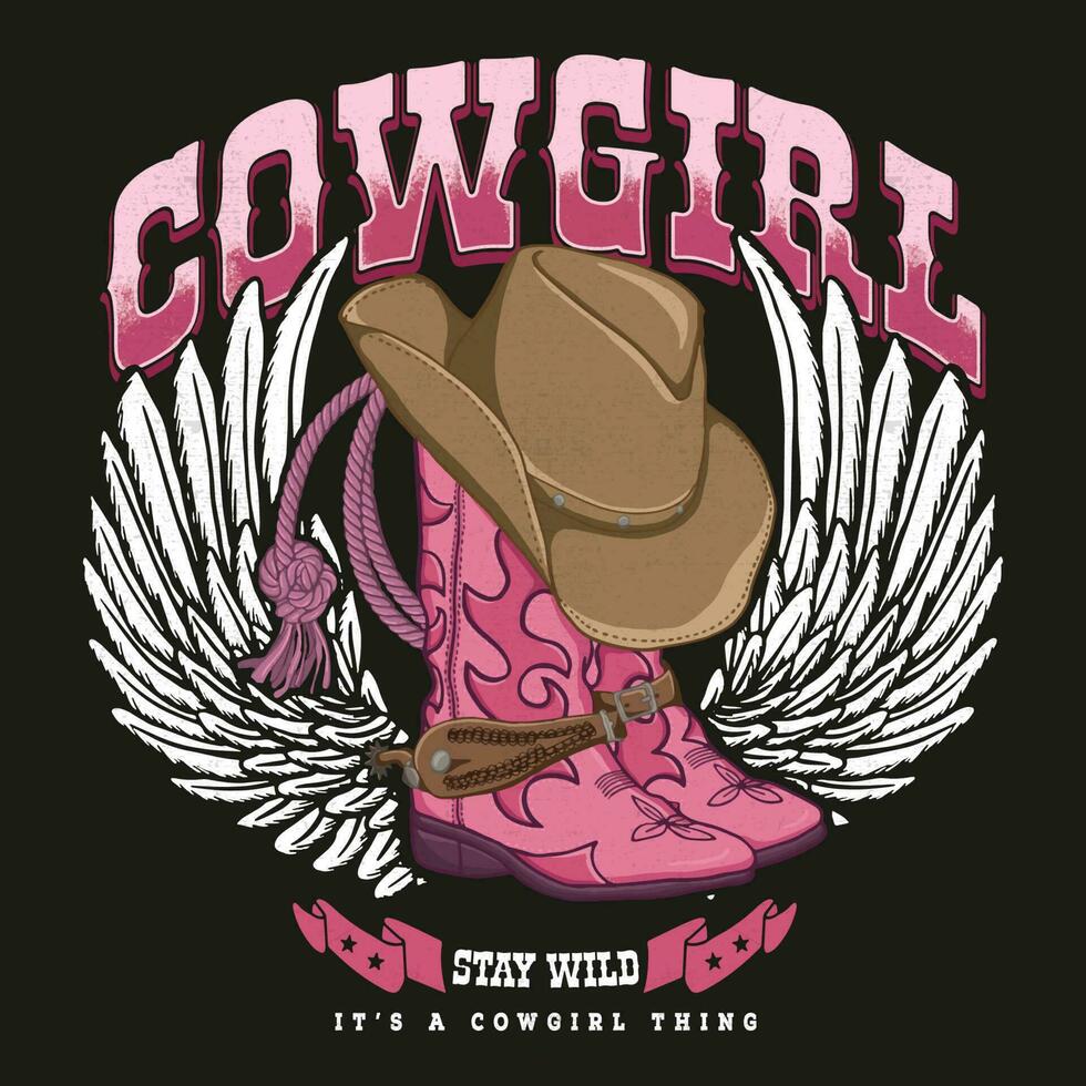 Cowgirl Stiefel und Hut bleibe wild. Kaktus mit Sonnenblume Sonnenuntergang .design von wild Seite. Illustration von Cowgirl Stiefel mit Western Hut Vektor Design. retro Stiefel und bling es ist ein Cowgirl Ding.