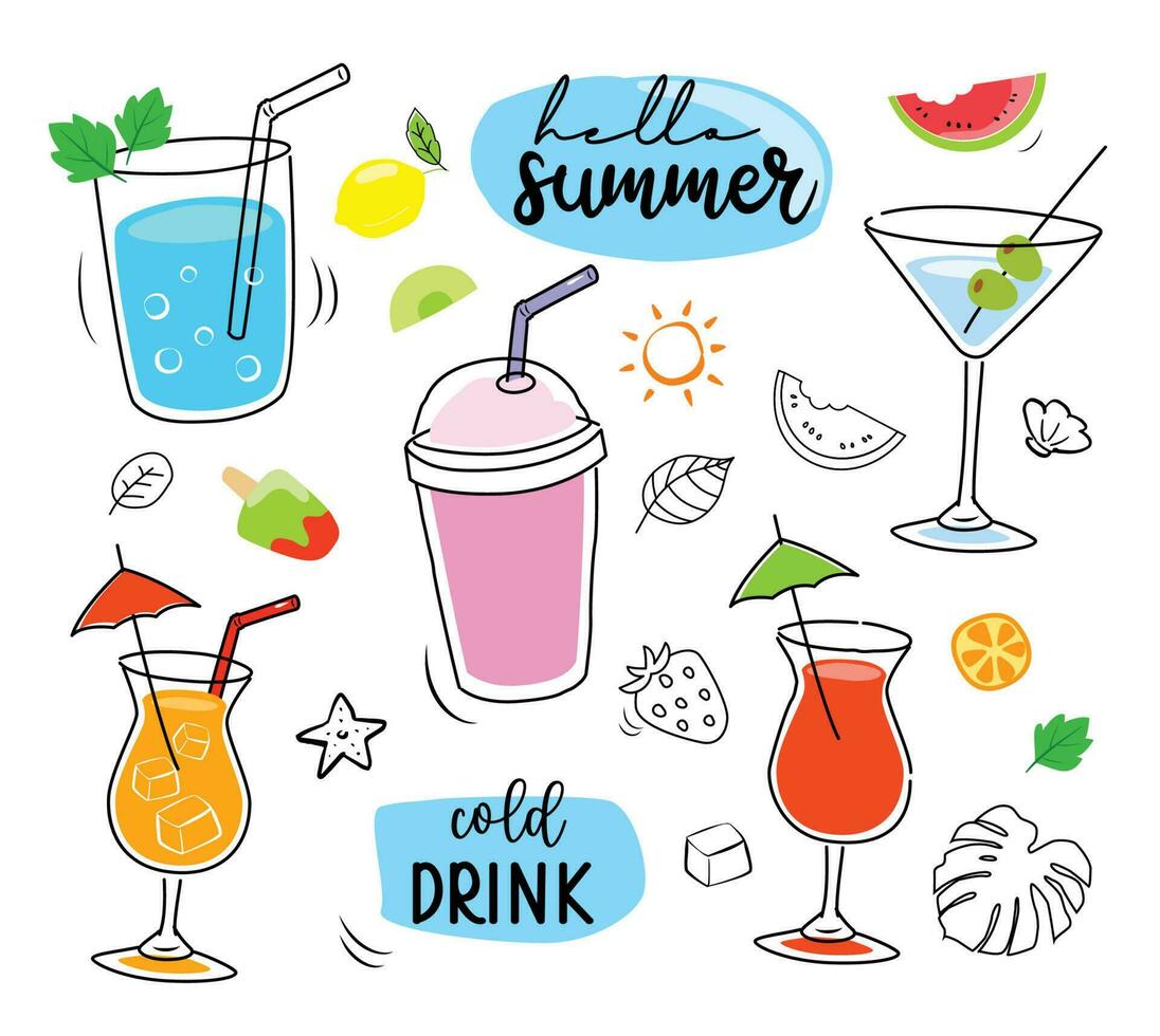 tropiska drycker sommarmeny. kalla drycker med handritad illustration. fruktsmoothie, cocktails, alkoholhaltiga drycker. vektor