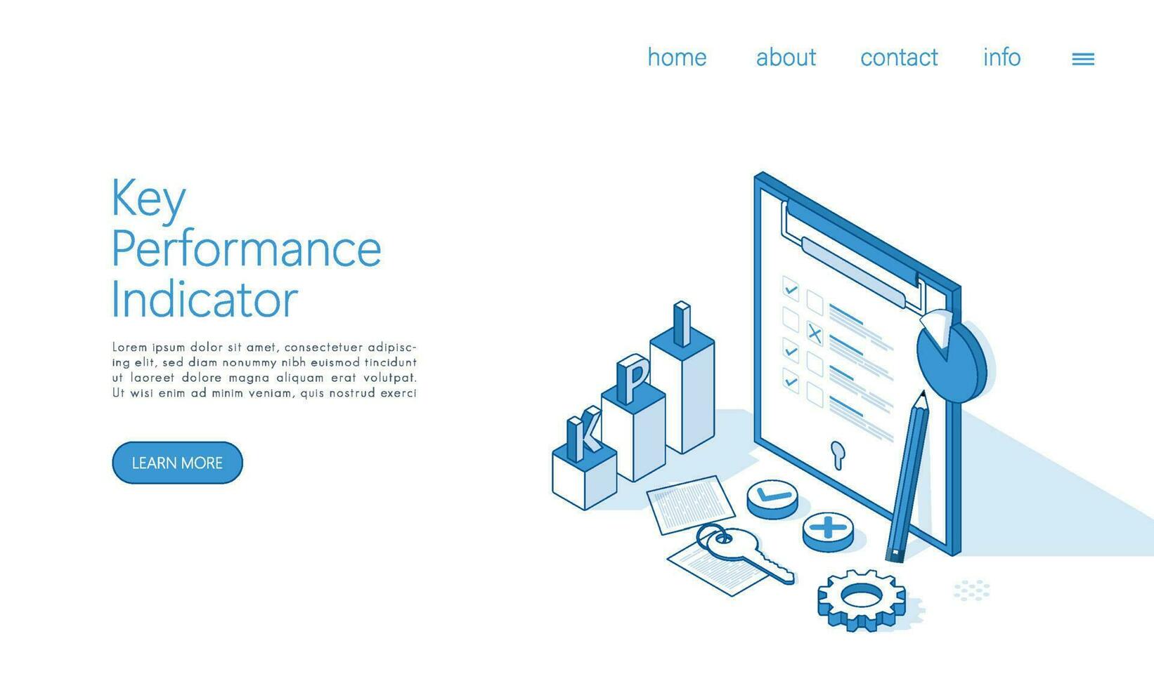 Landung Seite kpi Schlüssel Performance Indikator. isometrisch Konzept von Geschäft Performance Strategie und Analyse. vektor