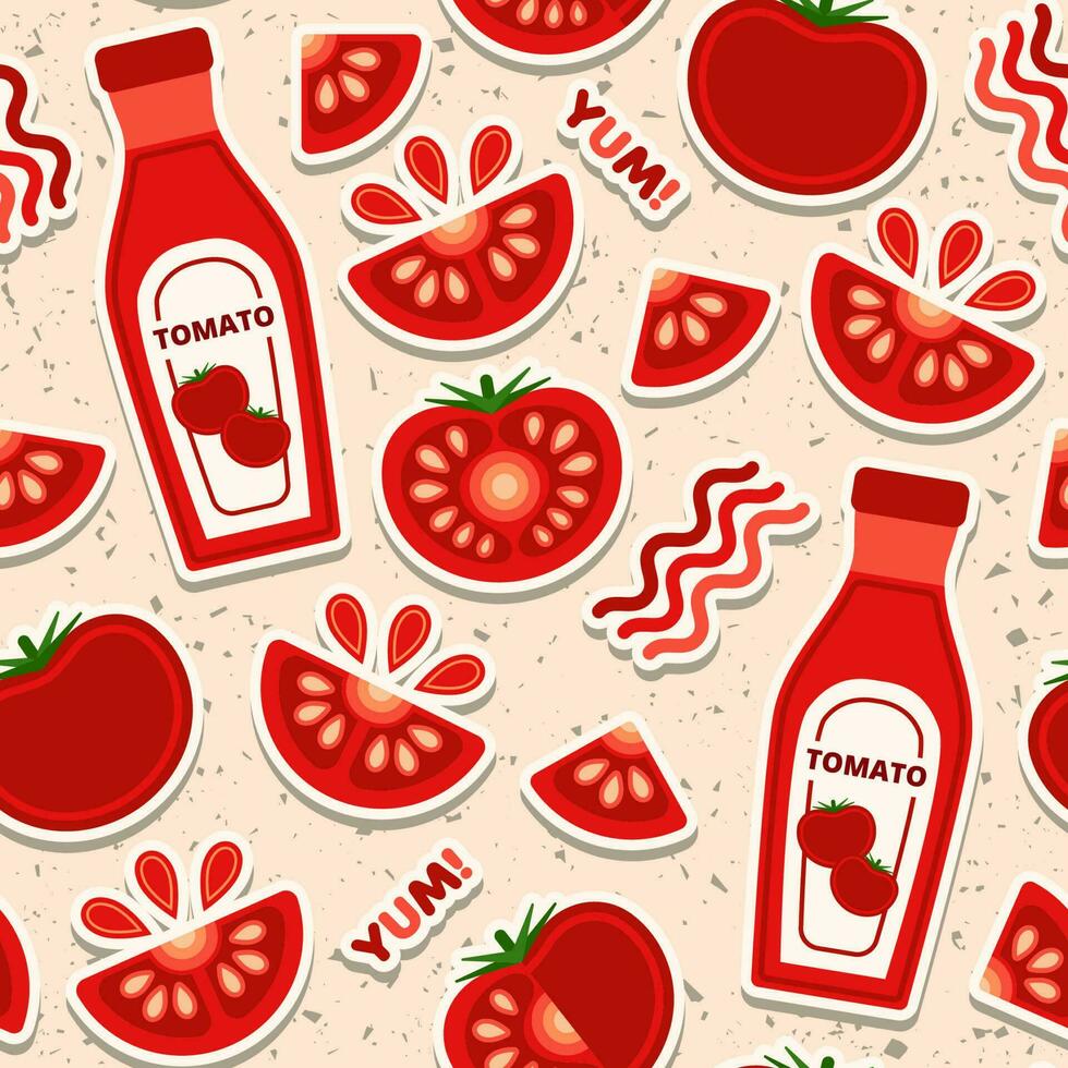 Tomate nahtlos Muster mit Design Elemente im einfach geometrisch Stil. Ketchup Flasche, Tomate Scheiben, Tropfen. gut zum Marke, Dekoration von Essen Paket, Startseite Design, dekorativ drucken, Hintergrund vektor