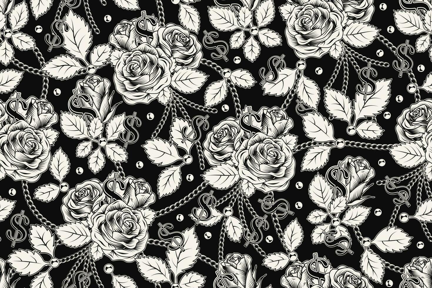 sömlös mönster med frodig blomning årgång ro med löv, metall boll kedjor, dollar tecken. svartvit vektor illustration vit på svart. gravyr stil