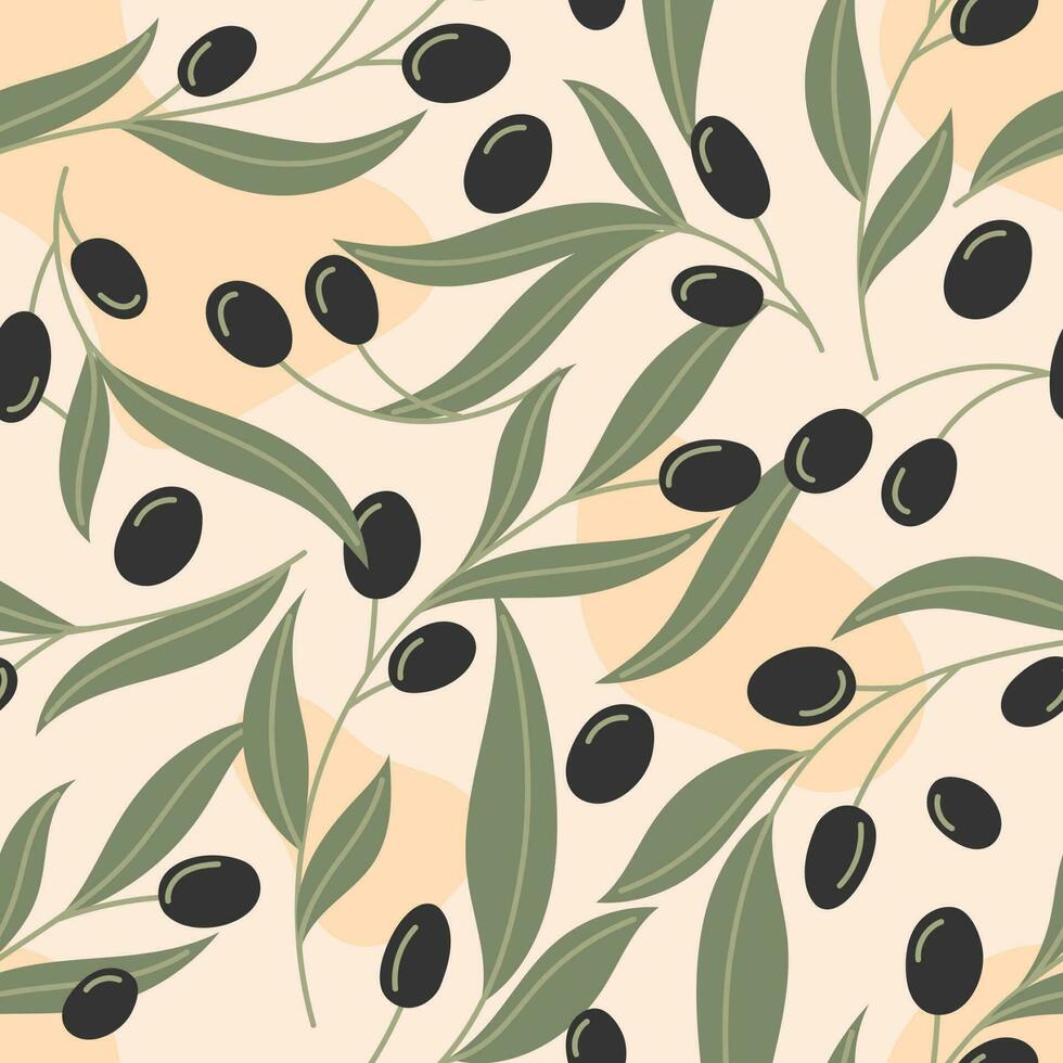 Olive Geäst mit schwarz Beeren und Blätter. Vektor nahtlos Blumen- Muster im eben Stil.