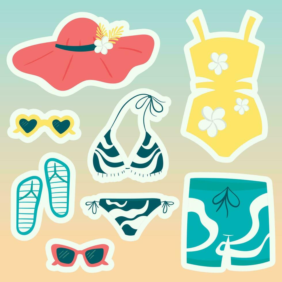 uppsättning av tecknad serie vektor ikoner eller klistermärken. sommar illustrationer, badkläder och skor, samling av bikinis, simning trunkar och solglasögon i ljus färger. design element.