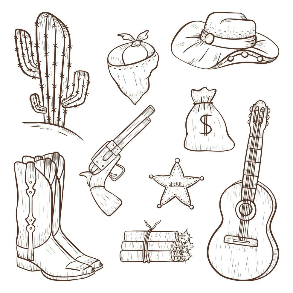 uppsättning av vektor isolerat ikoner i Land stil. cowboy design element i linje konst stil. översikt vild väst skriva ut eller dekoration klistermärken.