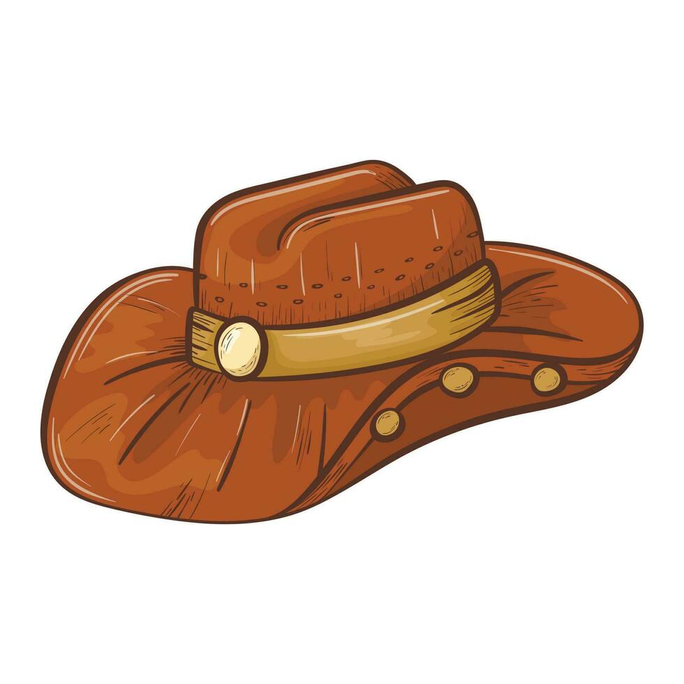 enkel isolerat klotter klistermärke. brun läder cowboy bred brätte hatt med plack och märken. vild väst begrepp klistermärke. vektor