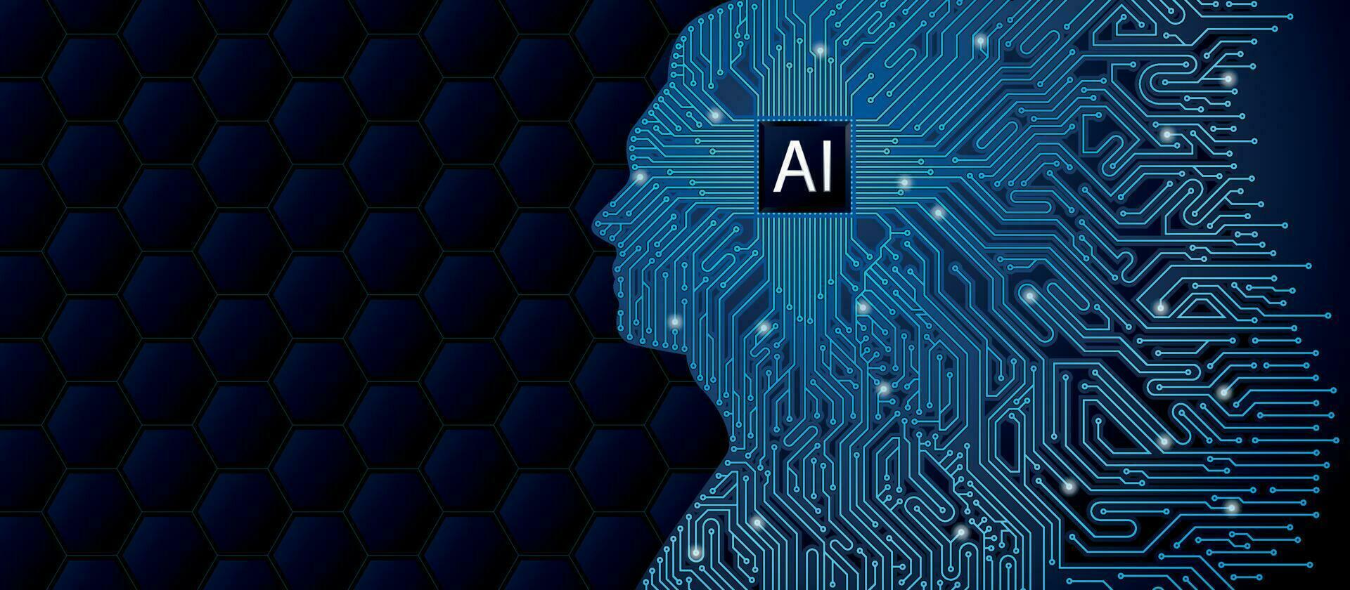 krets styrelse i ljus blå rader med mikroprocessor med brev ai inuti de blå silhuett av en mannens huvud mot en mörk bakgrund vektor