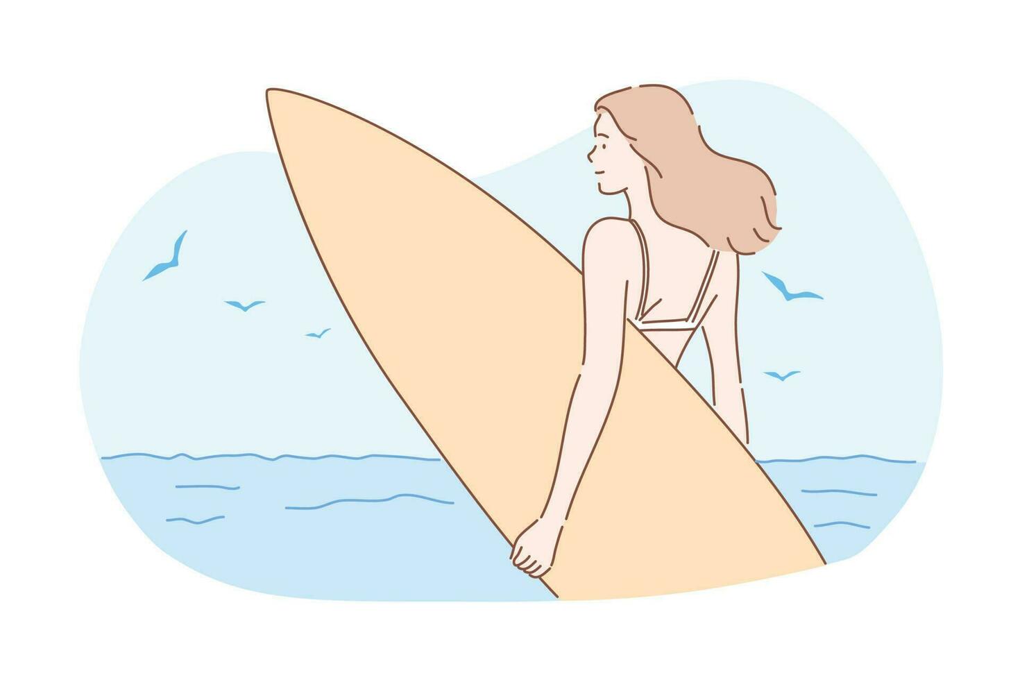 Surfen, Sport, Sommer- Ferien Konzept. jung glücklich Frau Surfer im Bikini, Mädchen Teenager Athlet steht auf Meer Ozean Küste mit Surfbrett. extrem Sport Aktivität. Lebensstil. Sommer- Urlaub. Vektor