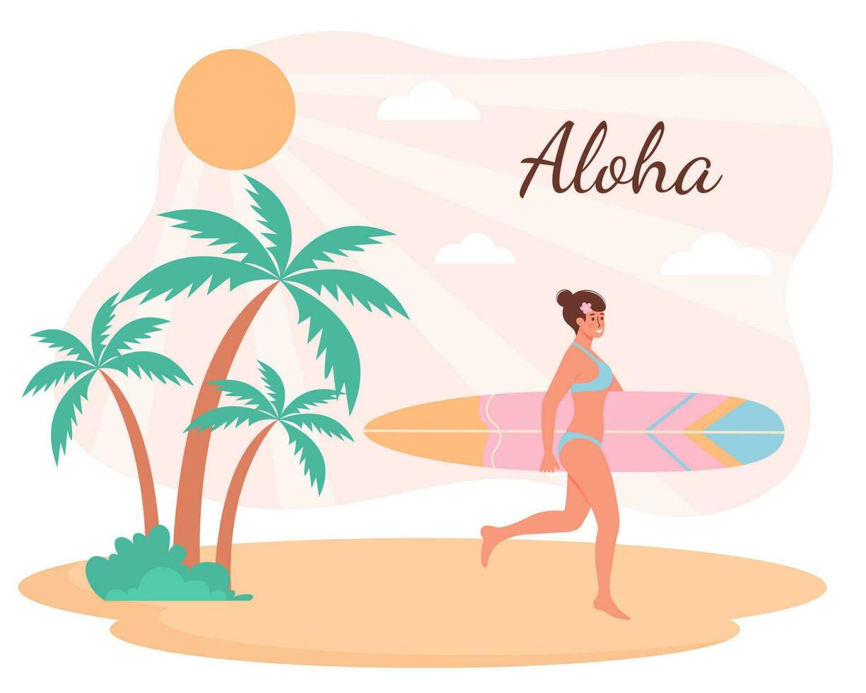 Frau im Badeanzug mit Surfbrett Gehen auf das Strand.tropisch Palmen sind in der Nähe von ihr. Aloha Text. Sommer, aktiv Sport, Surfen, Ferien Konzept. eben Karikatur Vektor Illustration.