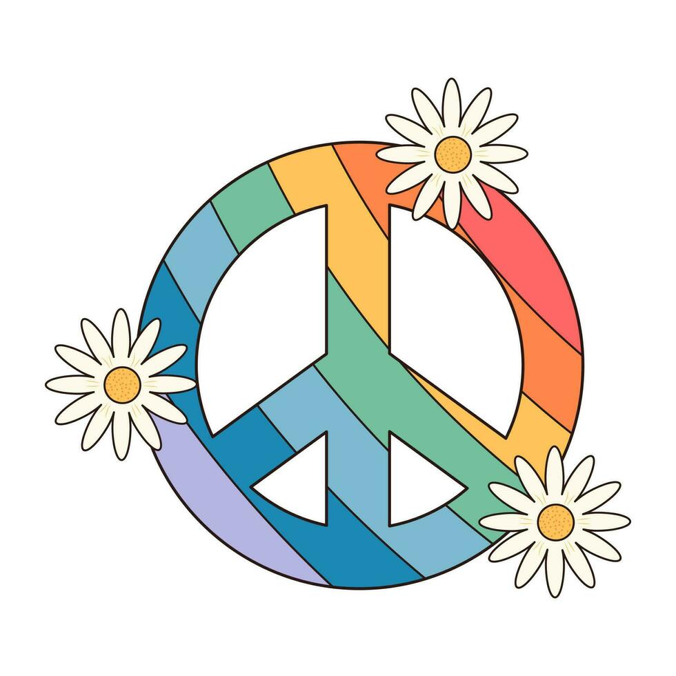 Hippie retro groovig Regenbogen Frieden Symbol mit Gänseblümchen. Boho psychedelisch Karikatur Element. Vektor Illustration isoliert auf Weiß Hintergrund.