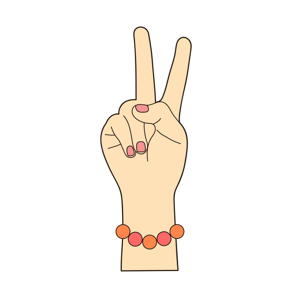 weiblich Hand zeigen Frieden unterzeichnen. Hippie Symbol. Geste mit Finger angehoben oben zeigen Nummer zwei. Vektor Illustration isoliert auf Weiß Hintergrund.